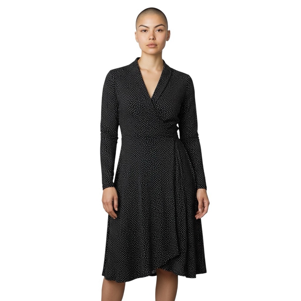 J. Jill Wearever Wrap-Style V-Neck Dress Women Sz M Black White Polka Dot Knee